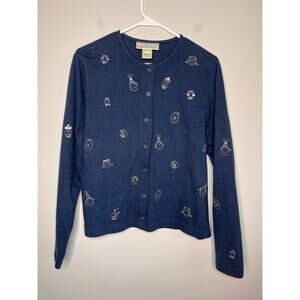 2000s Y2K Susan Bristol Faces Art To Wear Metal Art Whimsical Kidcore Cardigan M